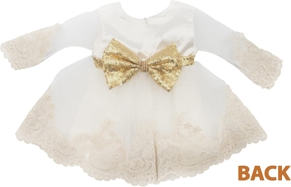Newborn Baby Girl Lace Dress Set, 4 Pieces Outfit for Special Occasions (US, Age, 0 Months, White, Gold Belt)