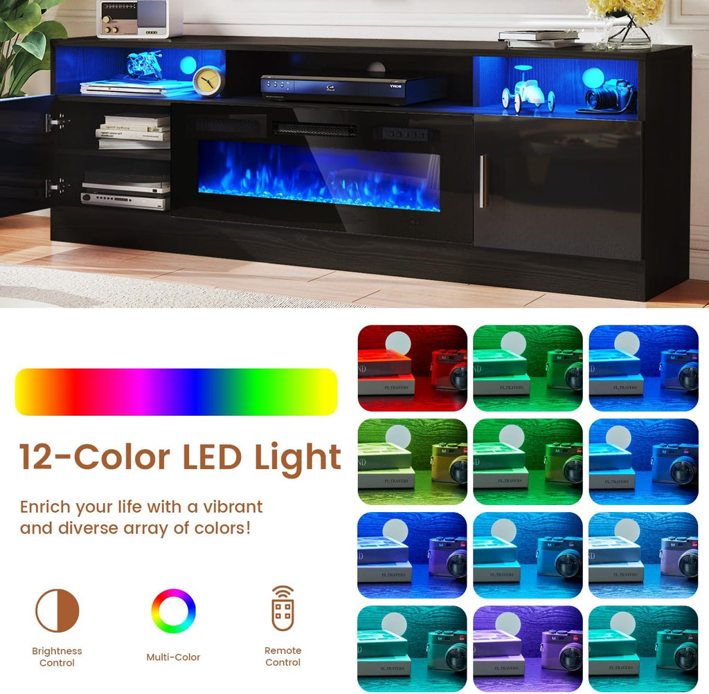 70" Fireplace TV Stand with Power Outlet for TVs UP to 80", Electric Fireplace Entertainment Center with LED Lights &