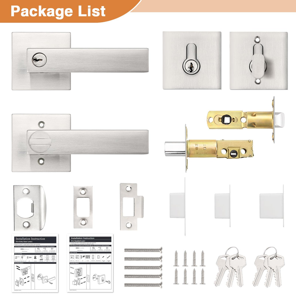 Satin Nickel Square Entry Levers Locksets and Single Cylinder Deadbolts Combination Set, Heavy Duty Front Door Office