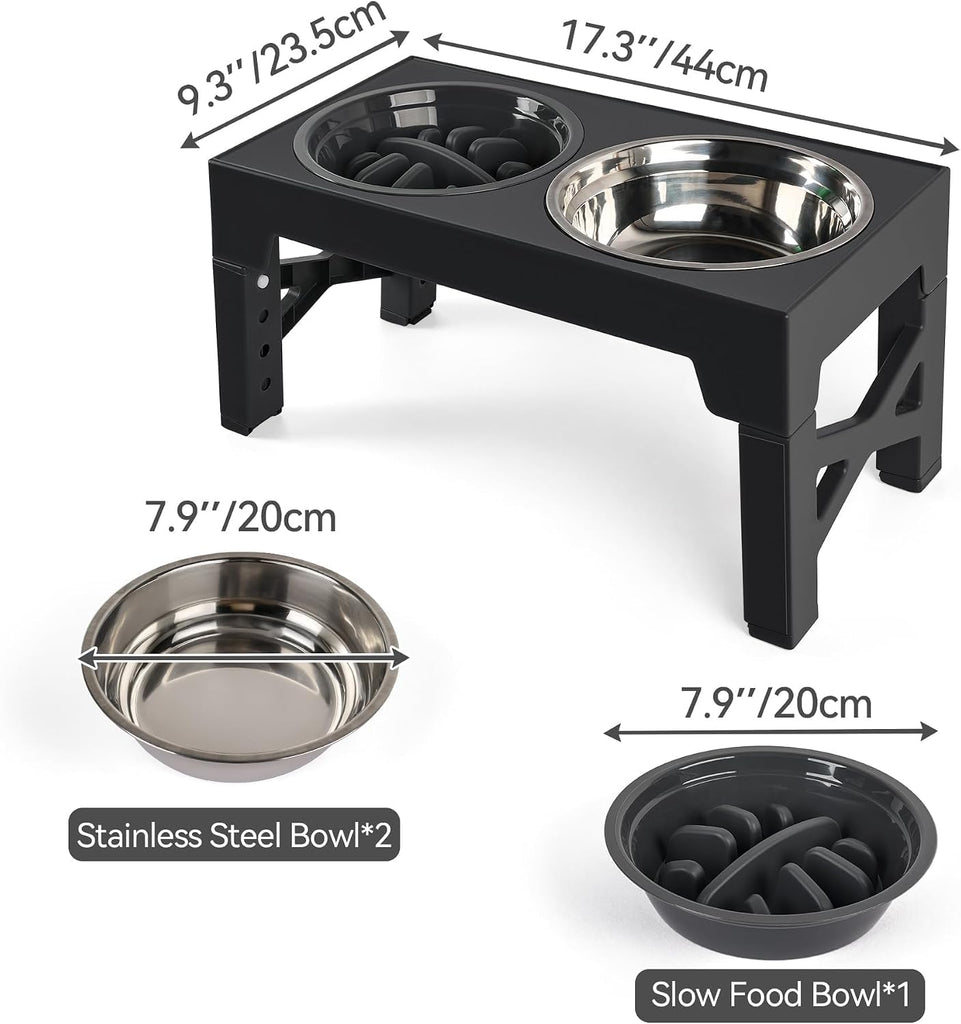 Elevated Dog Bowls, Raised Dog Bowl with Slow Feeder Bowl & Stainless Steel Bowls, 5 Heights Adjustable Dog Feeding