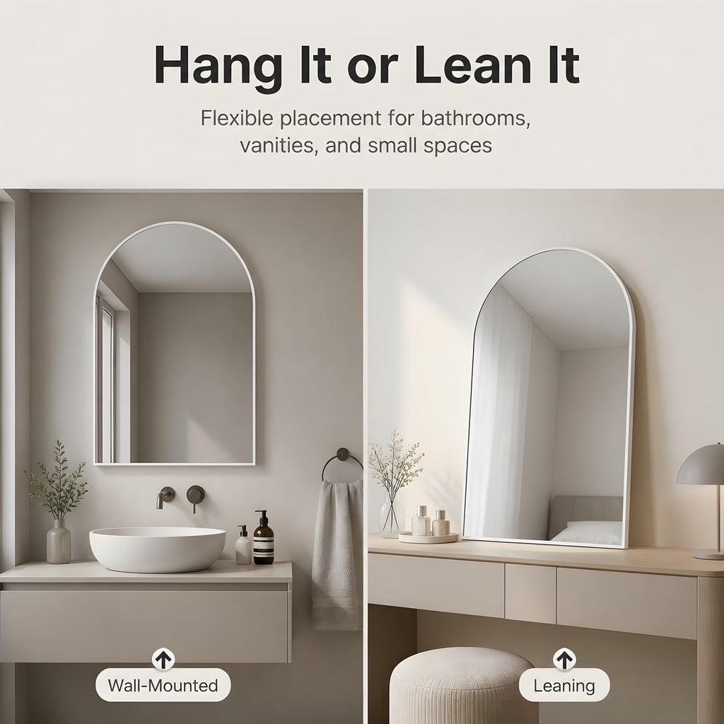 Wall Mounted Mirror, Arched Wall Mirror, 20"x30" Arch Bathroom Mirror with Metal Frame, 2 Pieces White Vanity Mirror