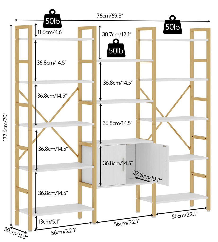 Bookshelf Triple Wide 5 Tier Bookcases with Storage Cabinet, Industrial Large Modern Tall Bookshelves with 12 Open