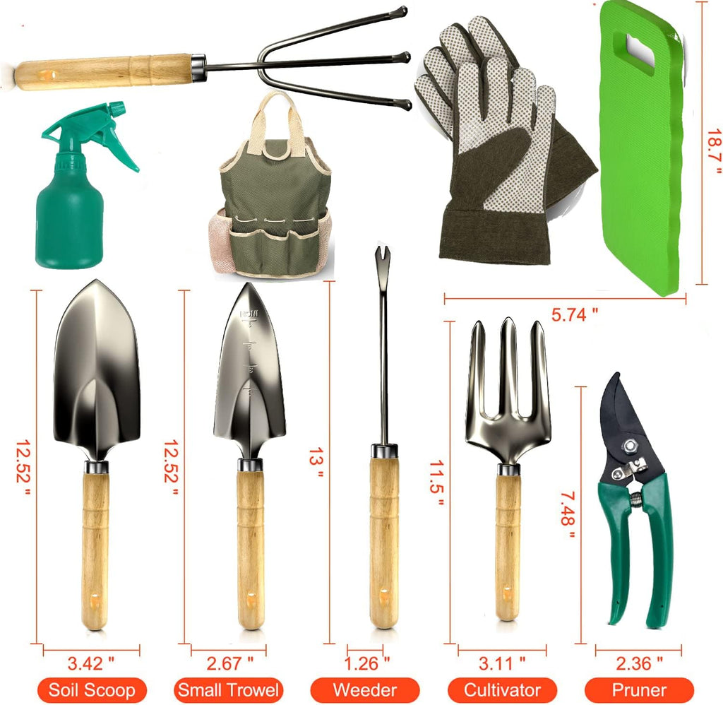 Premium Gardening Kit for Women - 10 Stainless Steel Tools with Ergonomic Handles, Tote Bag, Kneeling Pad, Shears