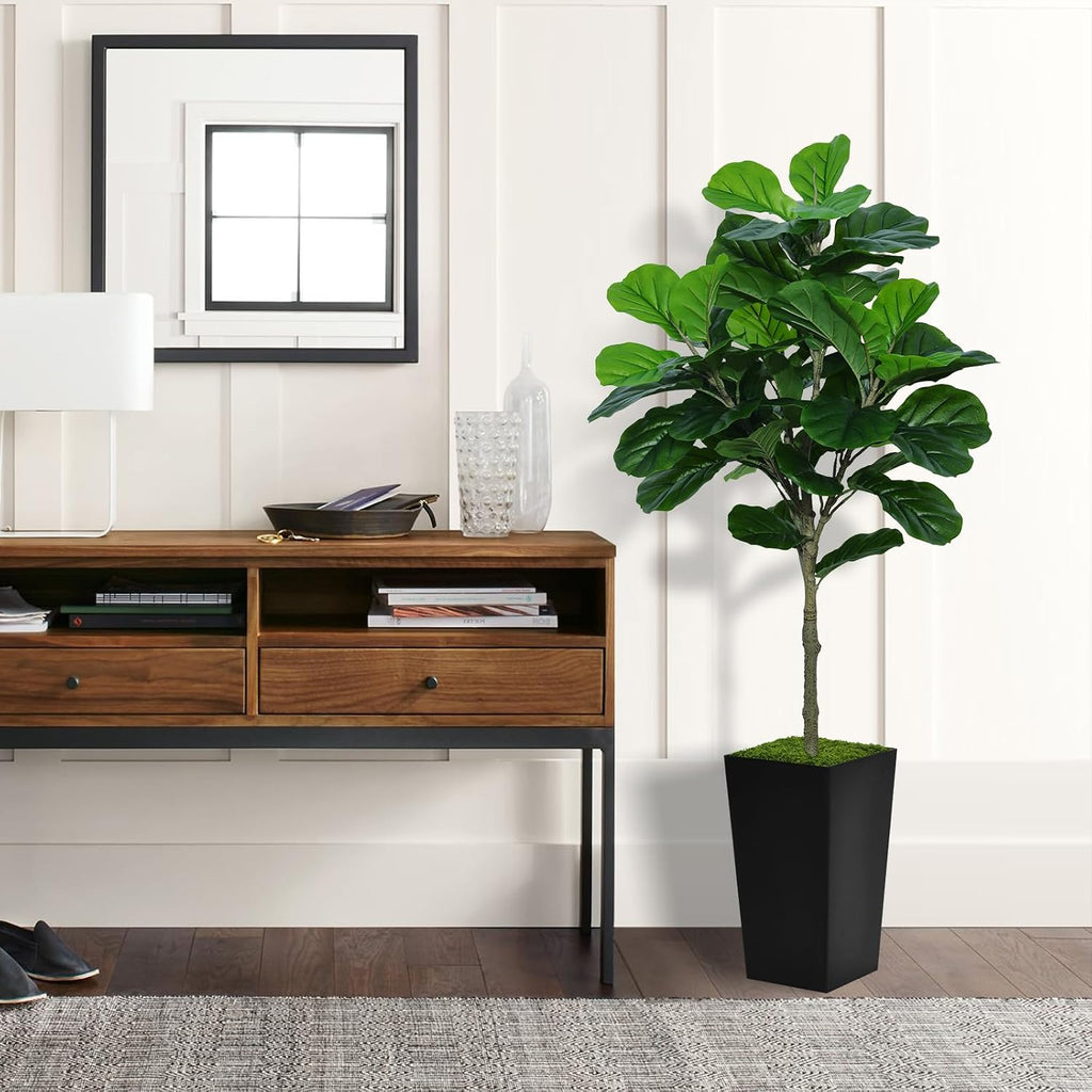Fiddle Leaf Fig Tree Artificial 5FT - Faux Plant With Black Tall Planter - Fake Ficus Lyrata Floor Plant in Pot