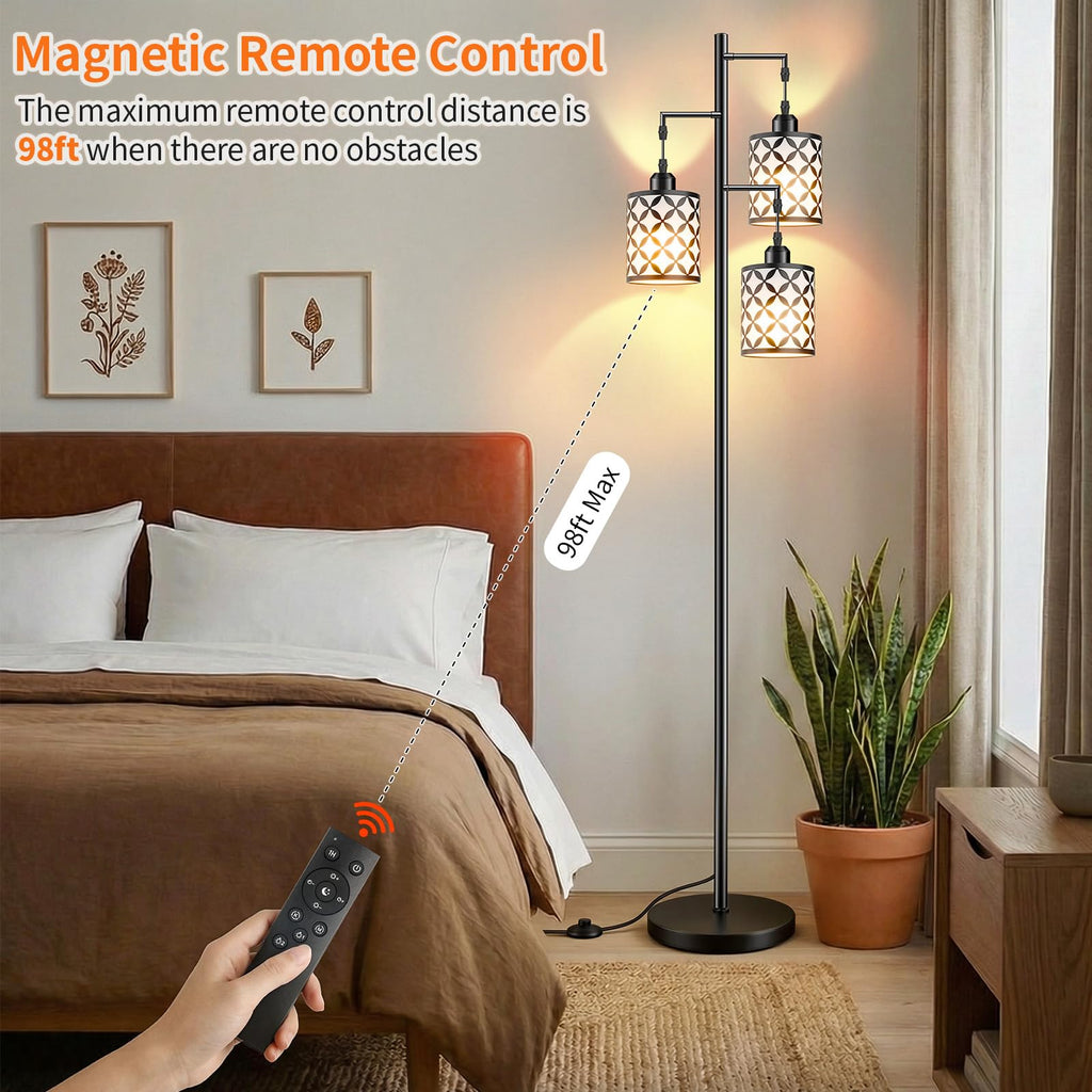 72" Dimmable Floor Lamp with Remote & Timer, Industrial Farmhouse Rustic Standing Lamp Bedroom, 3 Individually
