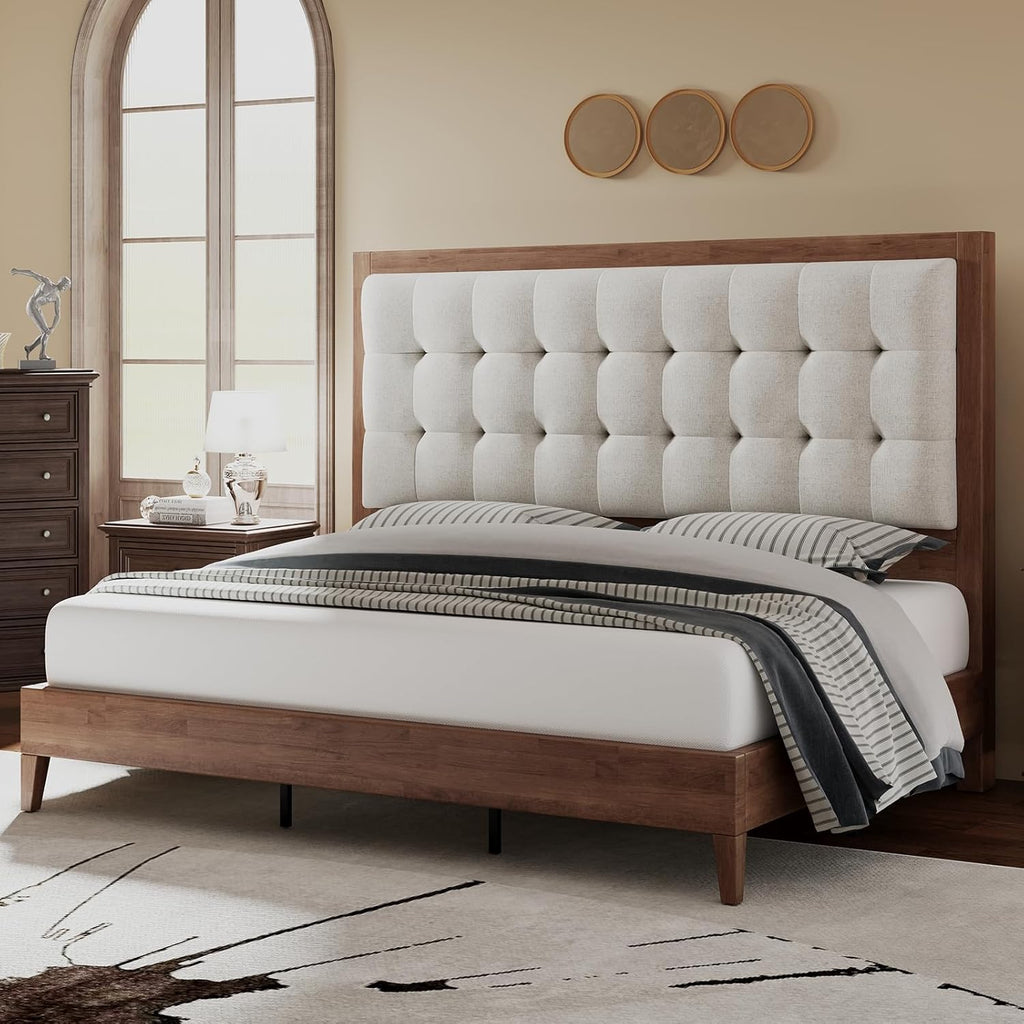 Solid Wood Queen Bed Frame 50.2" Tall Upholstered Headboard, Mid-Century Style, Stable Platform Support, No Box
