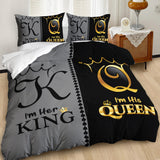 Grey and Black Duvet Cover Set King, K and Q Printed Crown Couple Bedding Set Gifts,3 Piece His Her Themed Lightweight