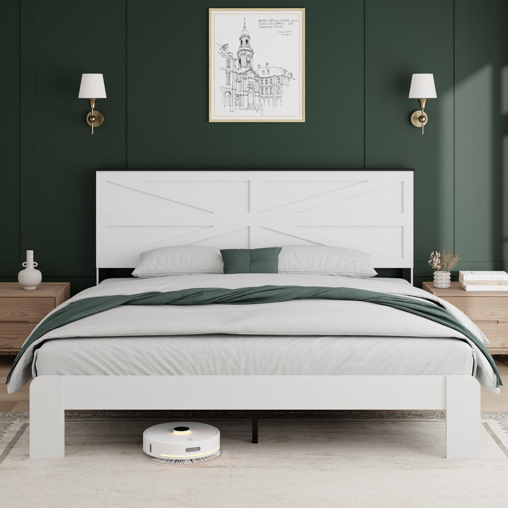 Farmhouse King Size Bed Frame with Barn Door Headboard, Boho White Wooden Platform Bed with Strong Metal Slat
