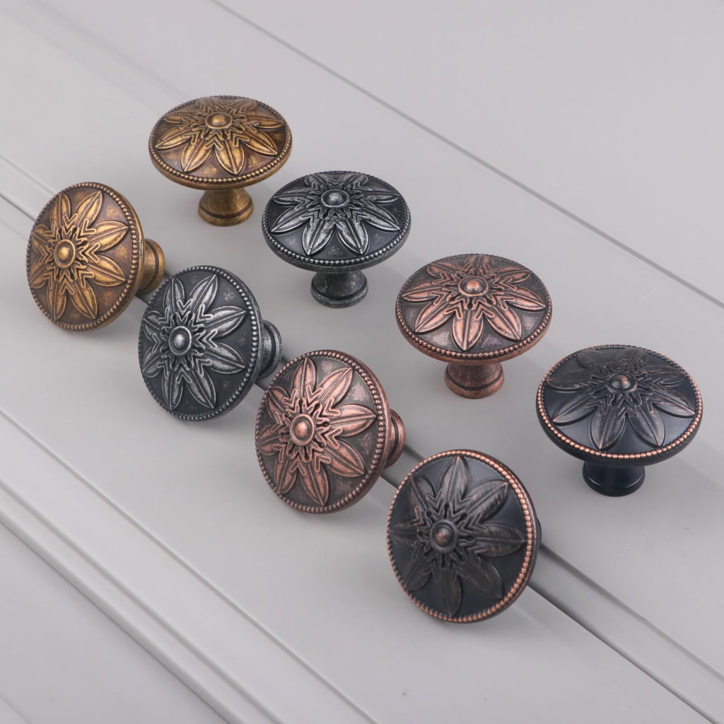 4 Pack Antique Silver Cabinet Knobs Vintage,1.4" Round Vintage Silver Kitchen Cabinet Handles for Cabinets and