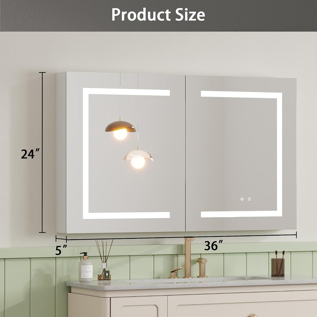 LED Medicine Cabinet with Mirror , Assembly-Free Lighted Medicine Cabinet, Defog, Stepless Dimming, 3 Colors, 2