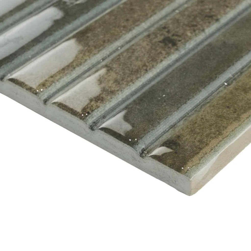 Scandia Glossy Olive Green 4.5x9 Ribbed Porcelain Wall Tile, 3D KitKat Fluted Decorative Tile Backsplash, Bathroom