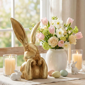 Spring Rabbits Decoration 13.5 Inch Vintage Gold Resin Bunny Statue Large Rabbit Figurines Table Centerpiece
