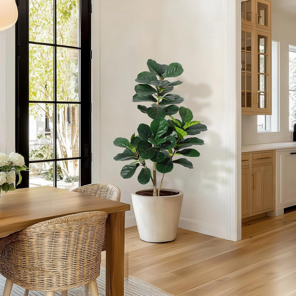 4 ft Fiddle Leaf Fig Tree Artificial with 48 Leaves - Realistic Faux Ficus Lyrata Trees in 7.8 in White Planter Pot