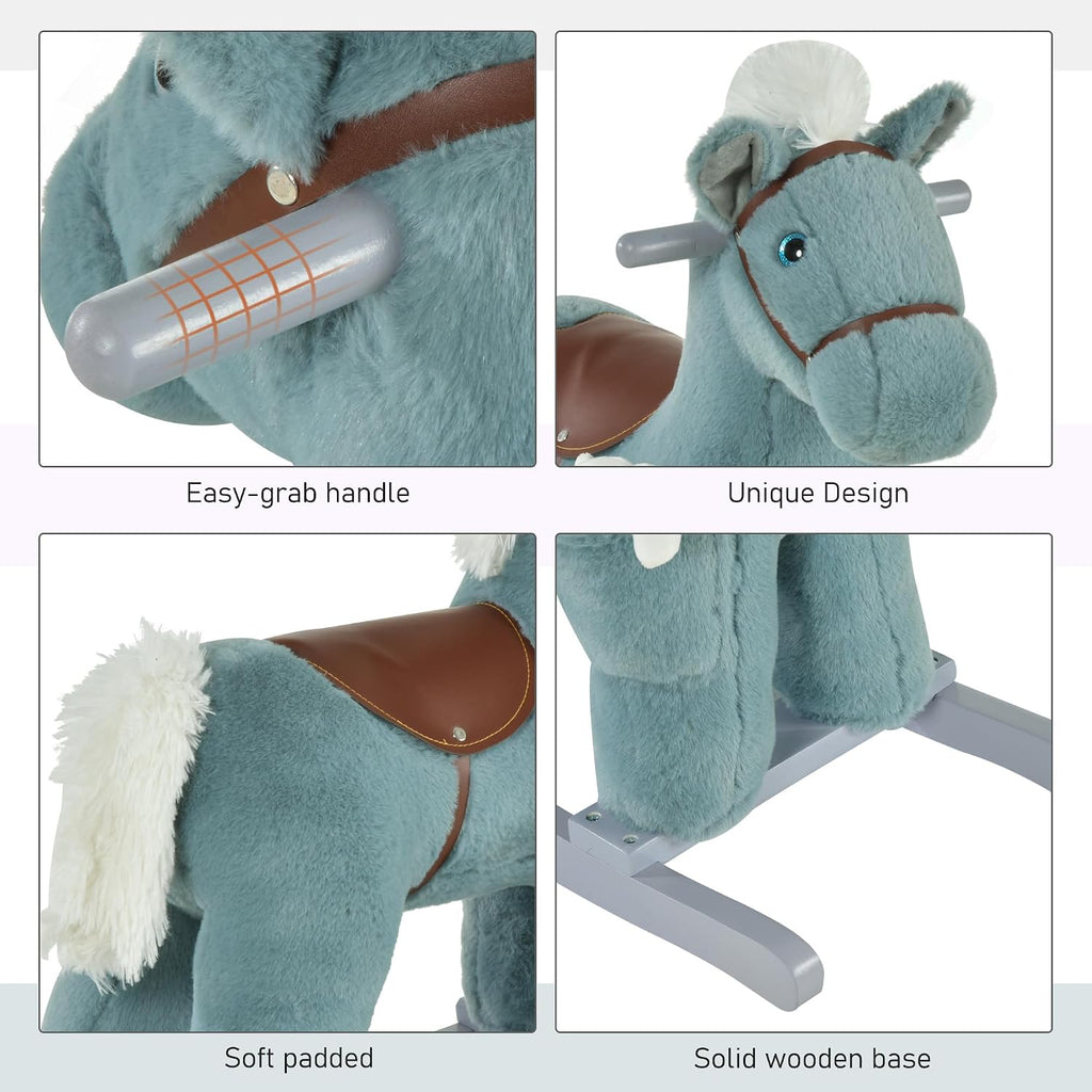 Kids Rocking Horse with Bear Toy Fun Realistic Sounds Toddler Blue