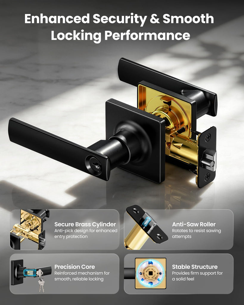 2 PCS Square Keyed Entry Lever, Door Handle with Lock, Matte Black