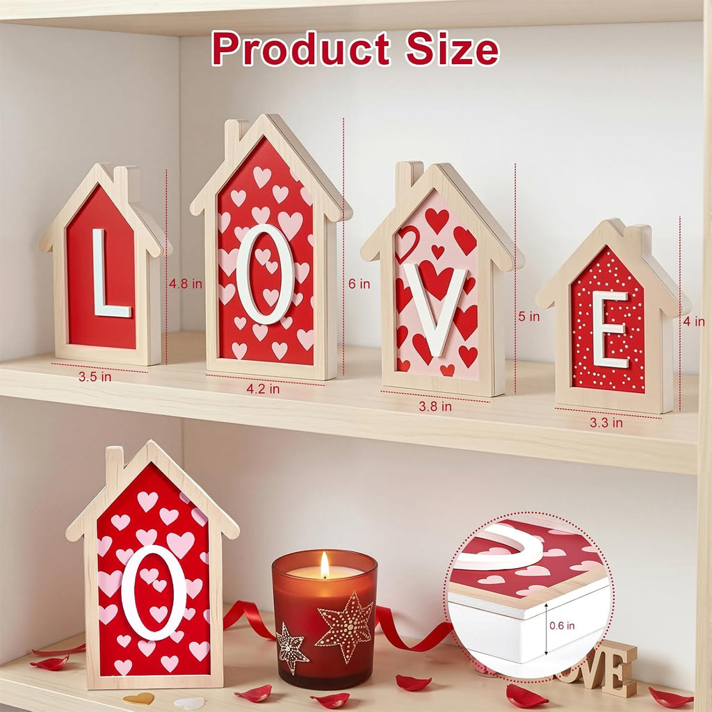 Valentines Day Decorations - 4 Pack 3D Design Wooden House Shape Sign, Valentines Day Table Decor, Valentine's Day - Set of 4