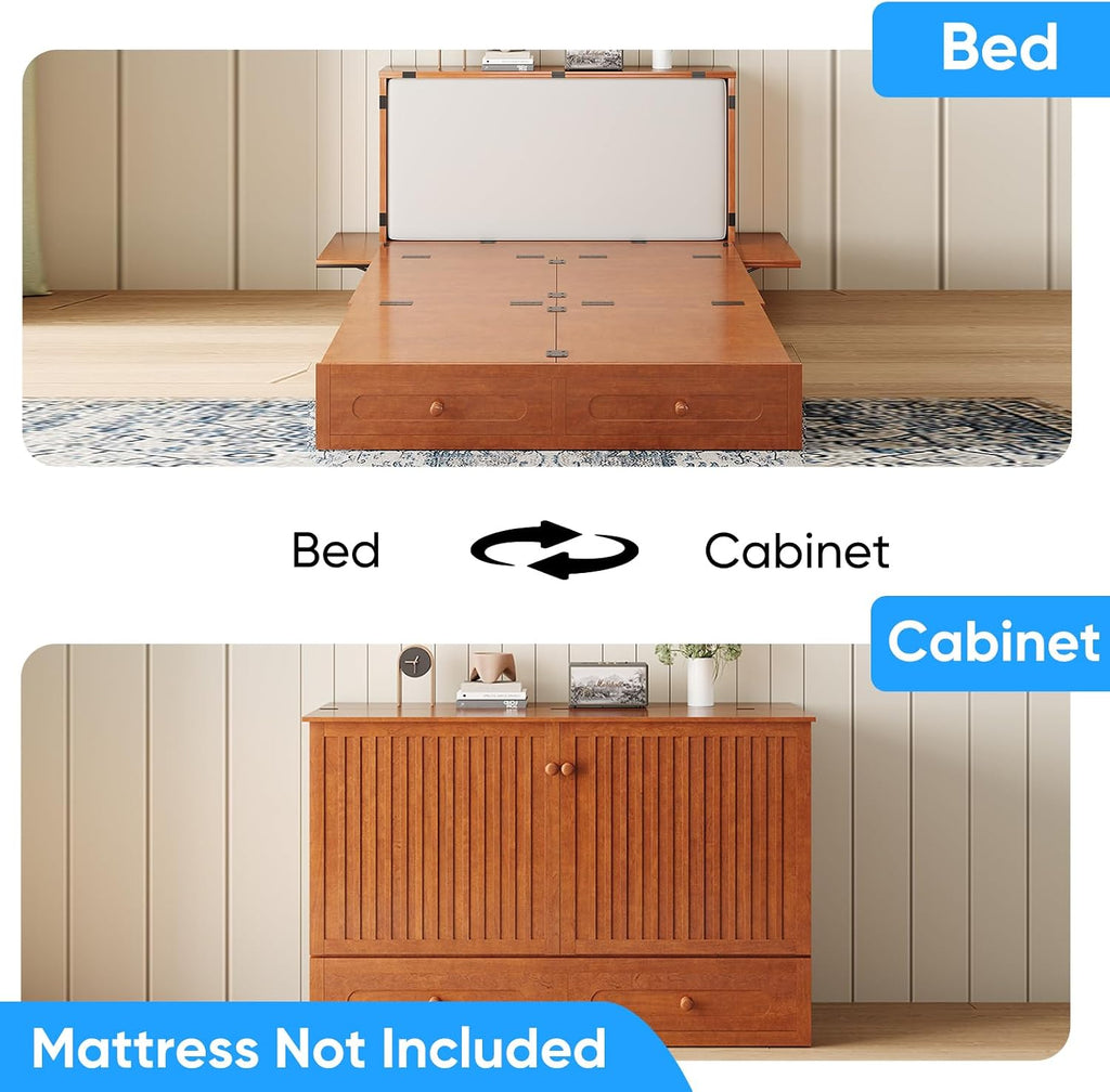 Queen Murphy Bed with Mattress Included, Folding Convertible Bed, Hideaway Cabinet Bed with Storage Drawer & USB