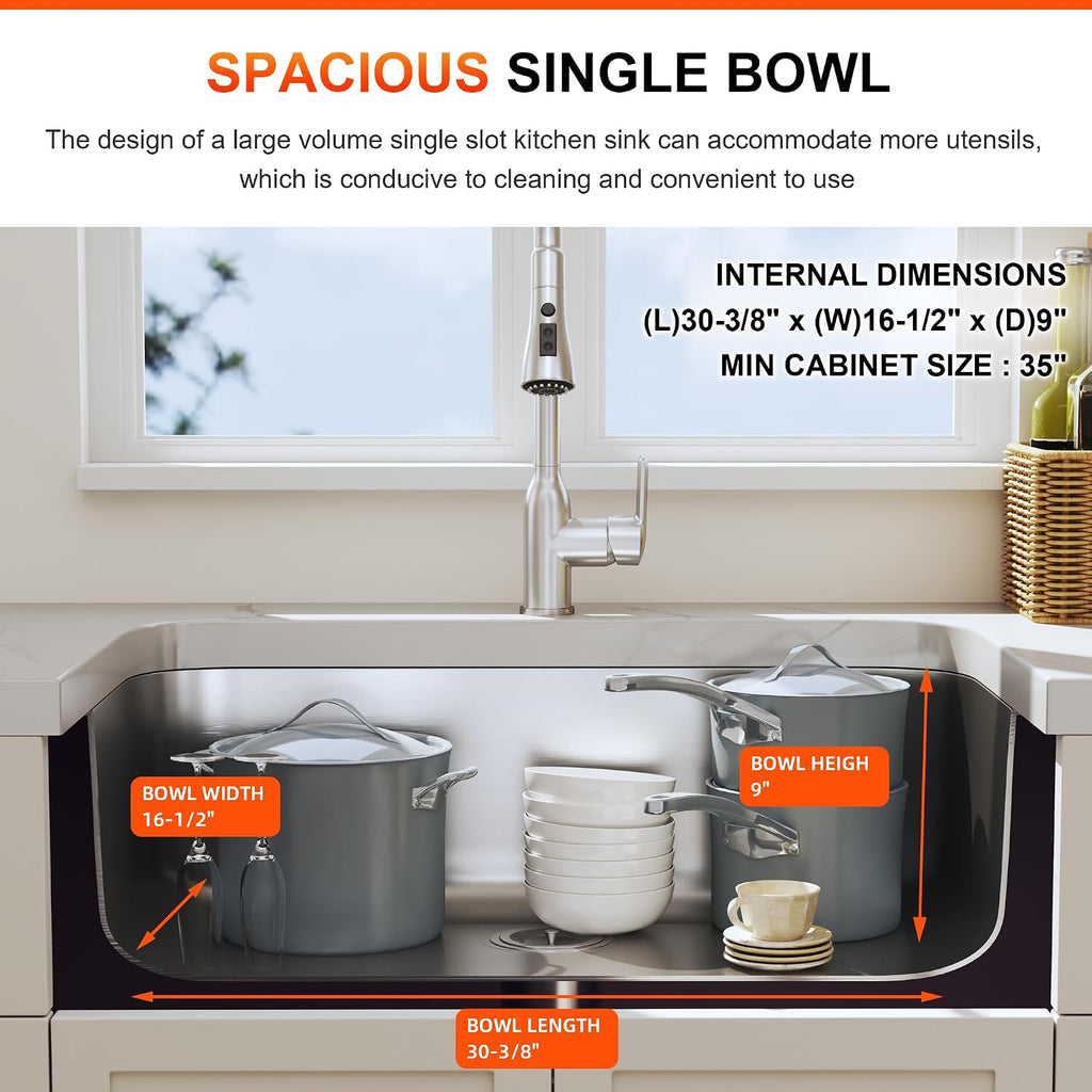 32 Inch Undermount Curved Single Bowl Kitchen Sink (Sink Only) | 304 Stainless Steel, 18 Gauge Thickness, Brushed