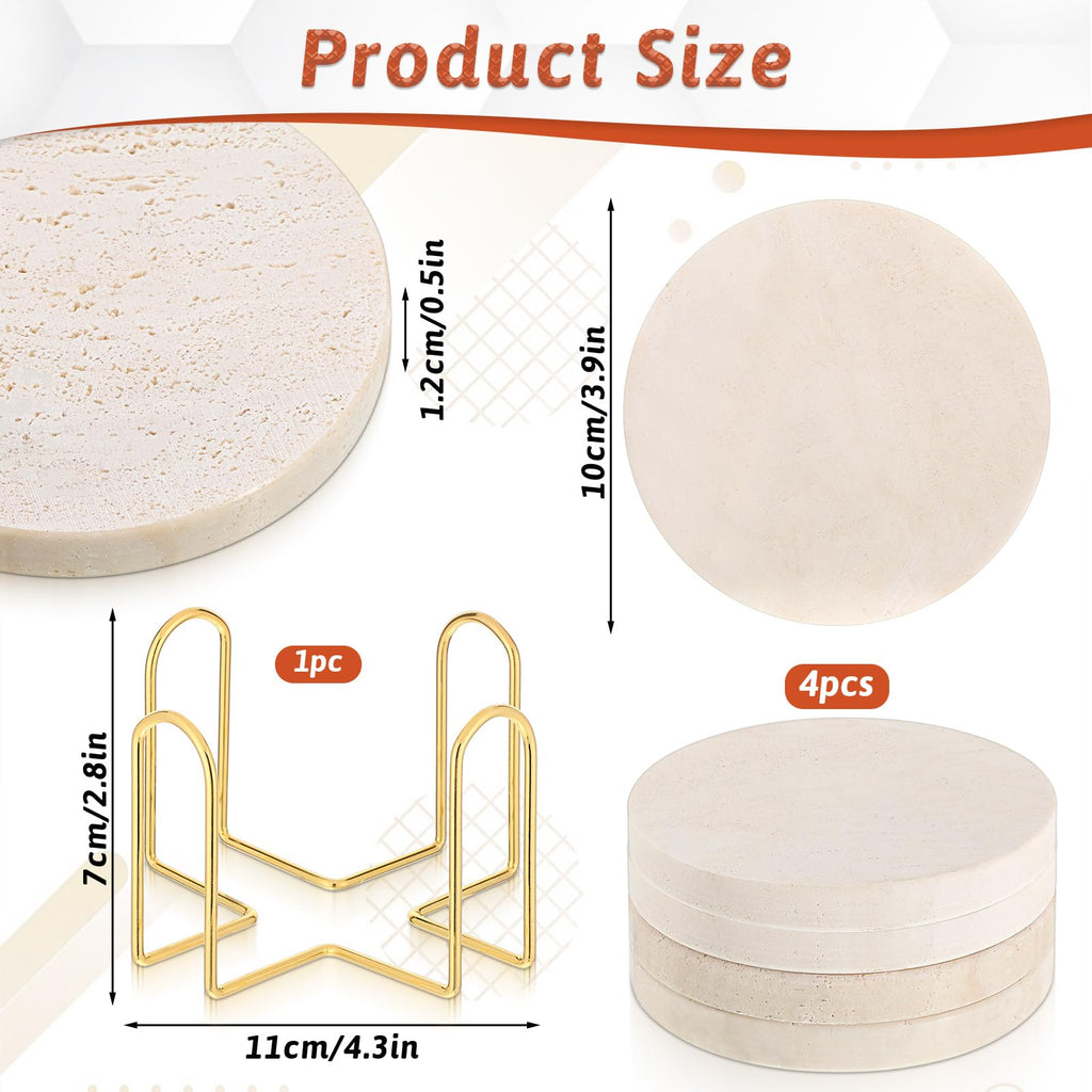 4 Pcs 4 inches Beige Travertine Coasters with Holder