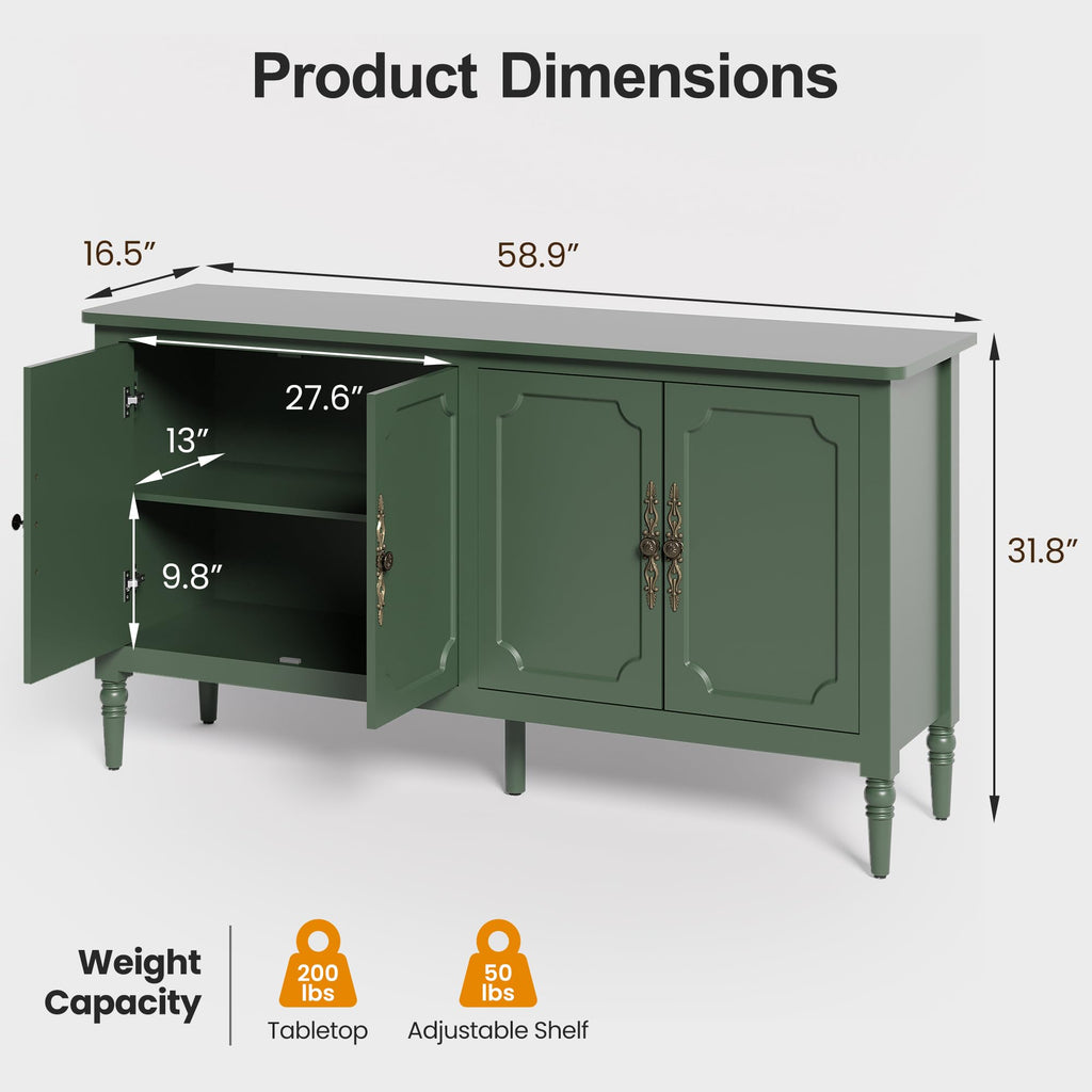 Buffet Cabinet with Storage, 59" Vintage Sideboard with Adjustable Shelves, Mid Century Modern Painted Credenza