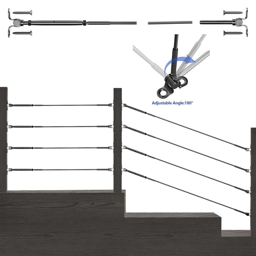 10 Pairs 1/8" Black Cable Railing Hardware Kit Swage Toggle Turnbuckle for Wood Post, T316 Stainless Steel Black Deck