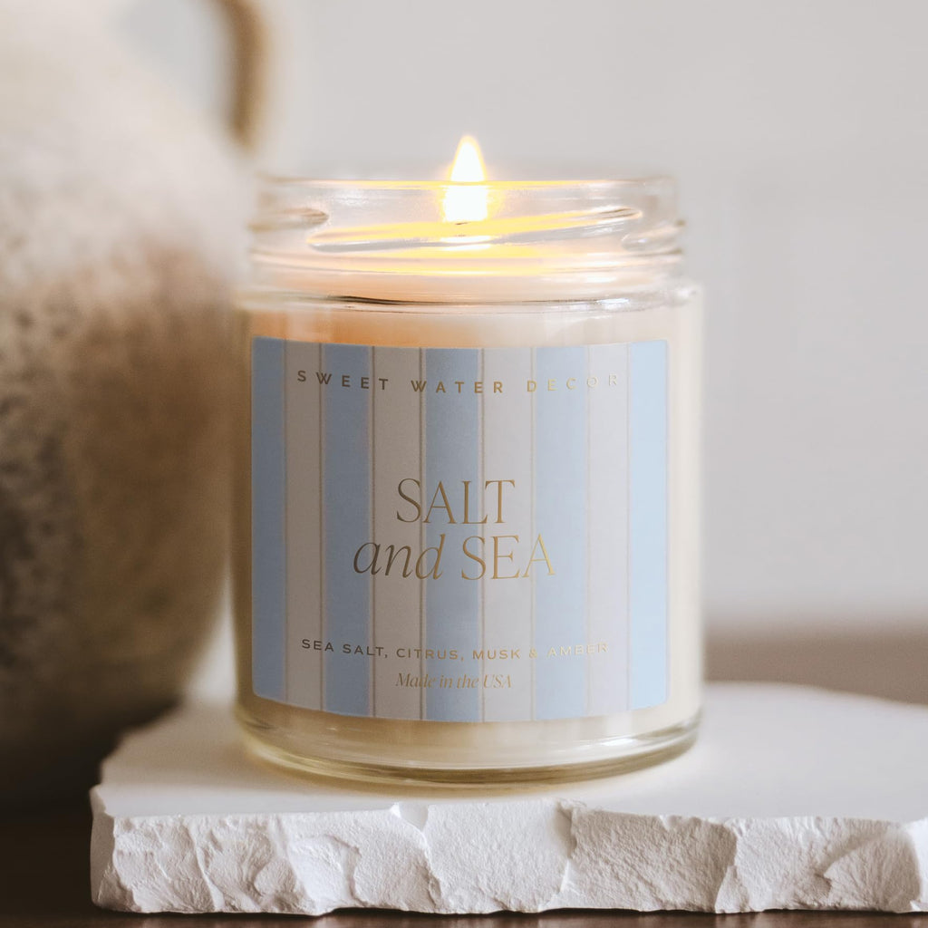 Salt and Sea Patterned Candle - Soy Candles with Sea Salt, Citrus, Musk, Amber Aroma- 40 Hour Burn - 9oz Clear Glass