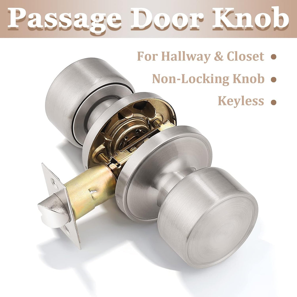 6 Pack Passage Door Knobs, Interior Keyless Knobs for Closet/Hall Non-Locking Door, Round Design Door Hardware in