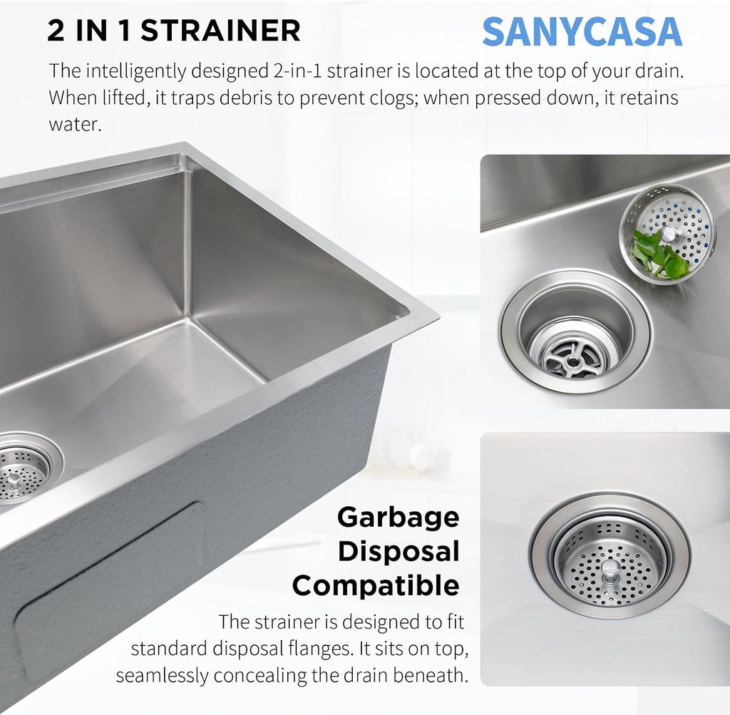 32 Inch Undermount Kitchen Sink - 11 Gauge (3mm) Stainless Steel, Single Bowl with Integrated Ledge, Superior Drain