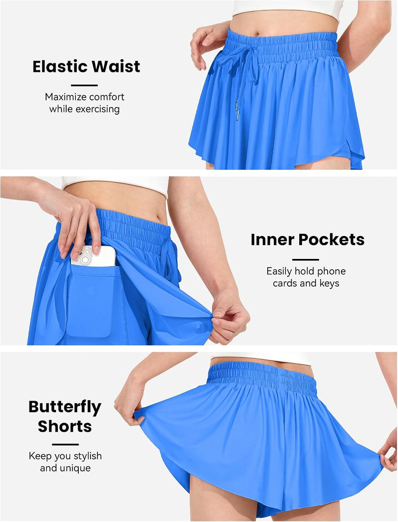 Girls Flowy Shorts, 2 in 1 Preppy Butterfly Shorts with Spandex Liner for Cheer Athletic Gym Teens Casual Clothes