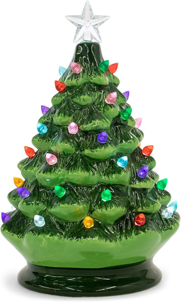 Vintage Green Lighted Ceramic Christmas Tree with Timer 8 Inch