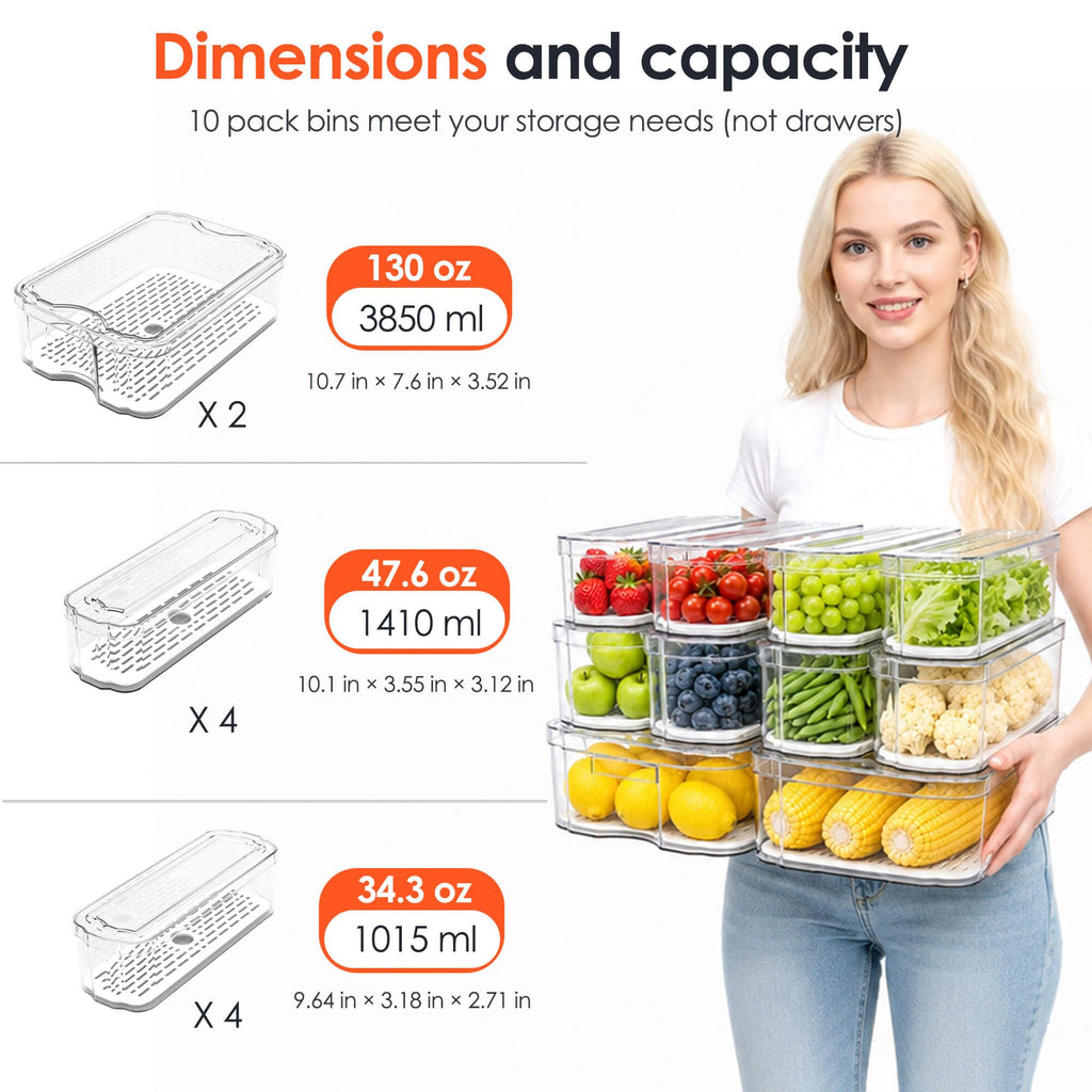 10 Pack Clear Fridge Organizer Bins with Drain Trays - Stackable