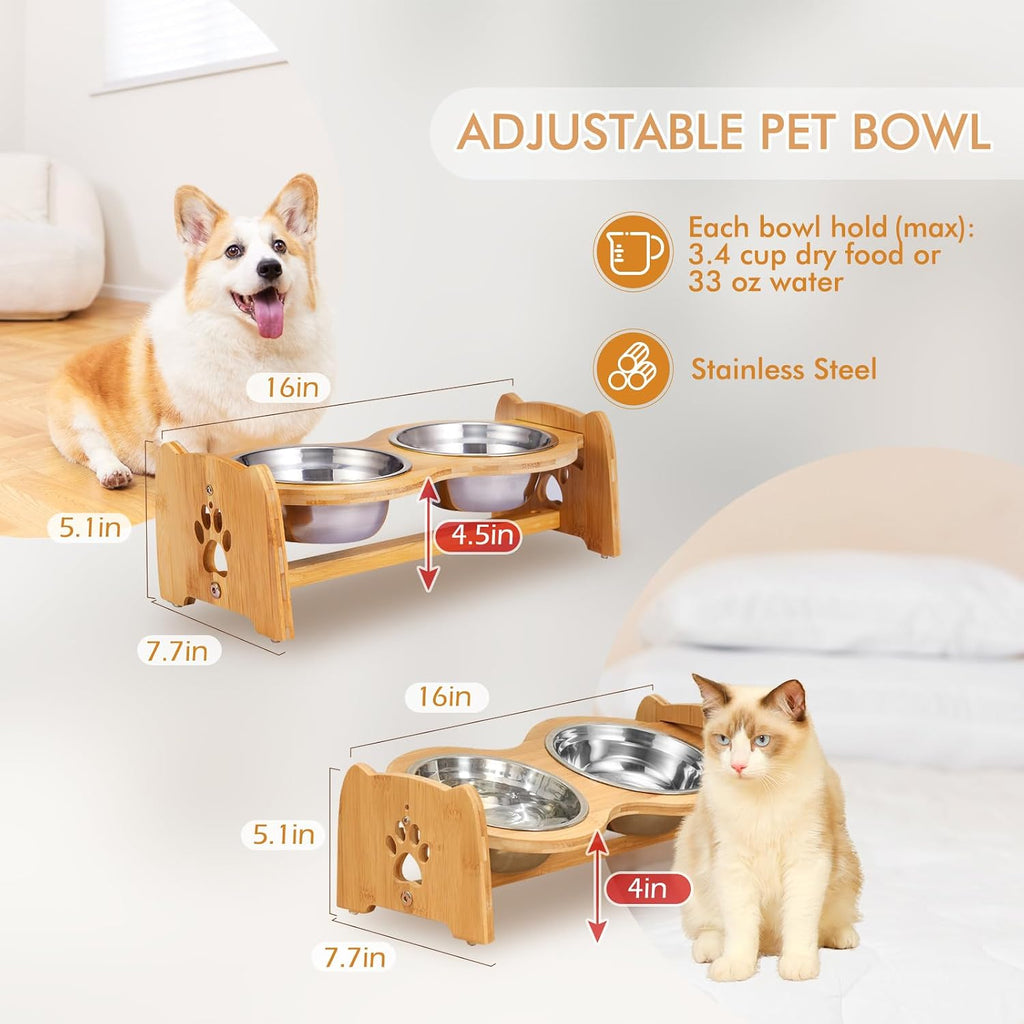 Elevated Dog Bowls for Cats and Dogs, Adjustable Bamboo Raised Dog Bowls for Small Dog, Food and Water Set Stand