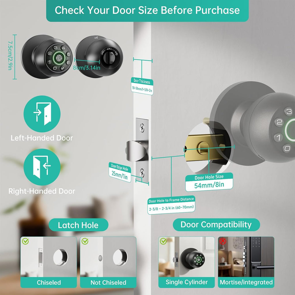 Fingerprint Door Lock Biometric Keypad Smart Door Knob | Bedroom Passcode Handle, Home Office