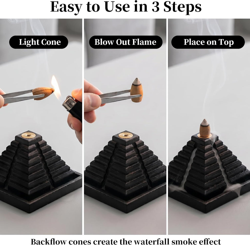 Pyramid Backflow Incense Burner Gift Set, Black Cement, 40 Cones
