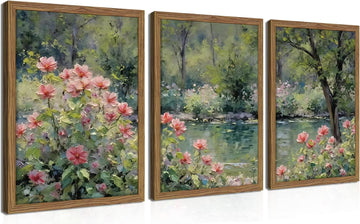 Framed Monet Wall Art Set of 3, Impressionist Botanical Floral Canvas Wall Decor, Vintage Cottagecore Artwork