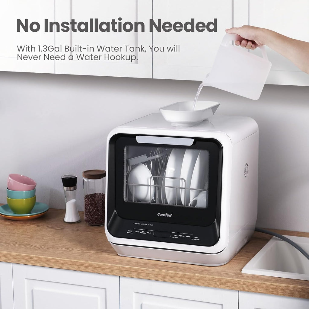 Portable Mini Dishwasher Countertop with 1.32Gal Built-in Water Tank for Apartments& RVs, No Hookup Needed, 6 Programs