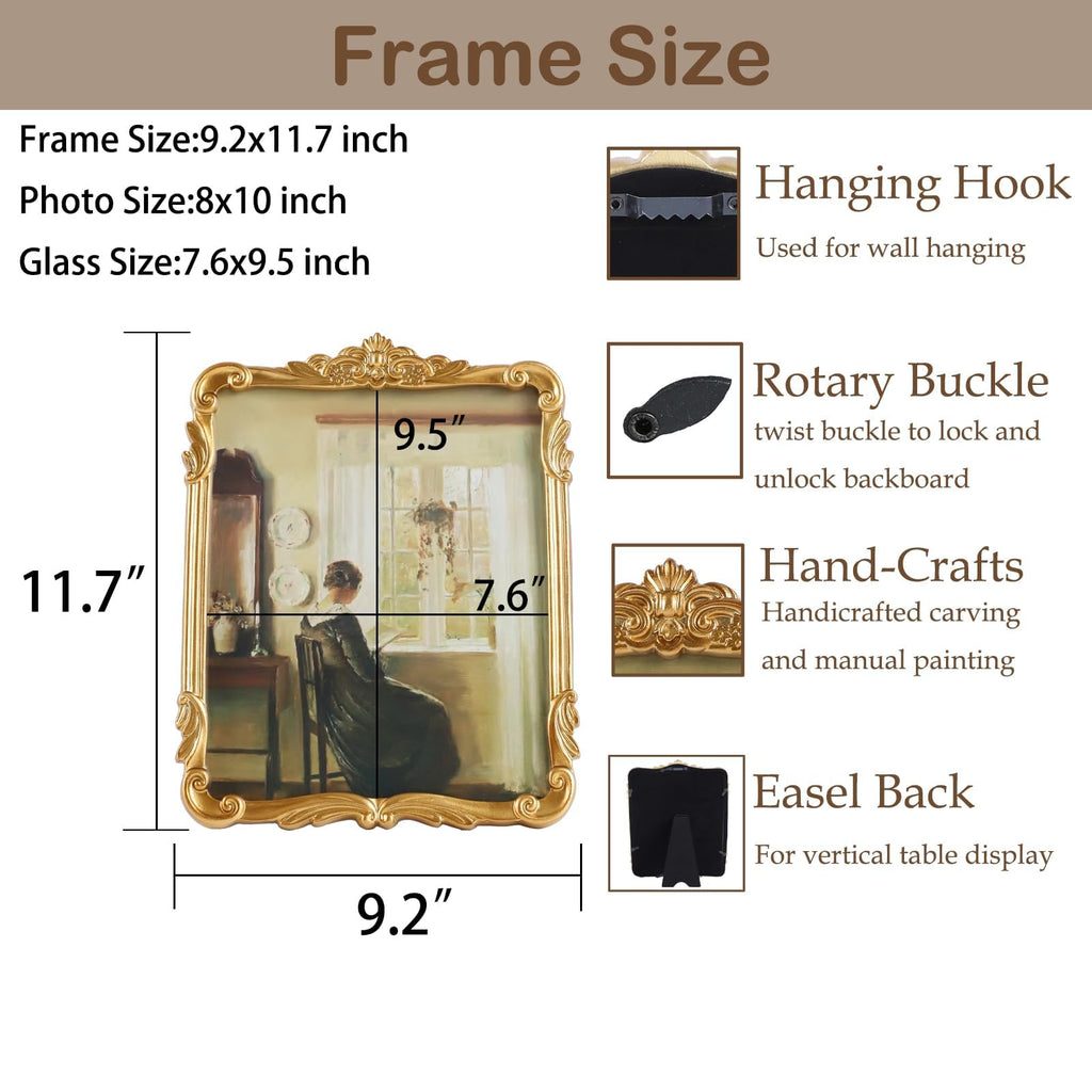 Vintage Picure Frames 8x10 Antique Victorian Gold Bronze Picture Frames for Tabletop and Wall Mount Ornate Retro Home