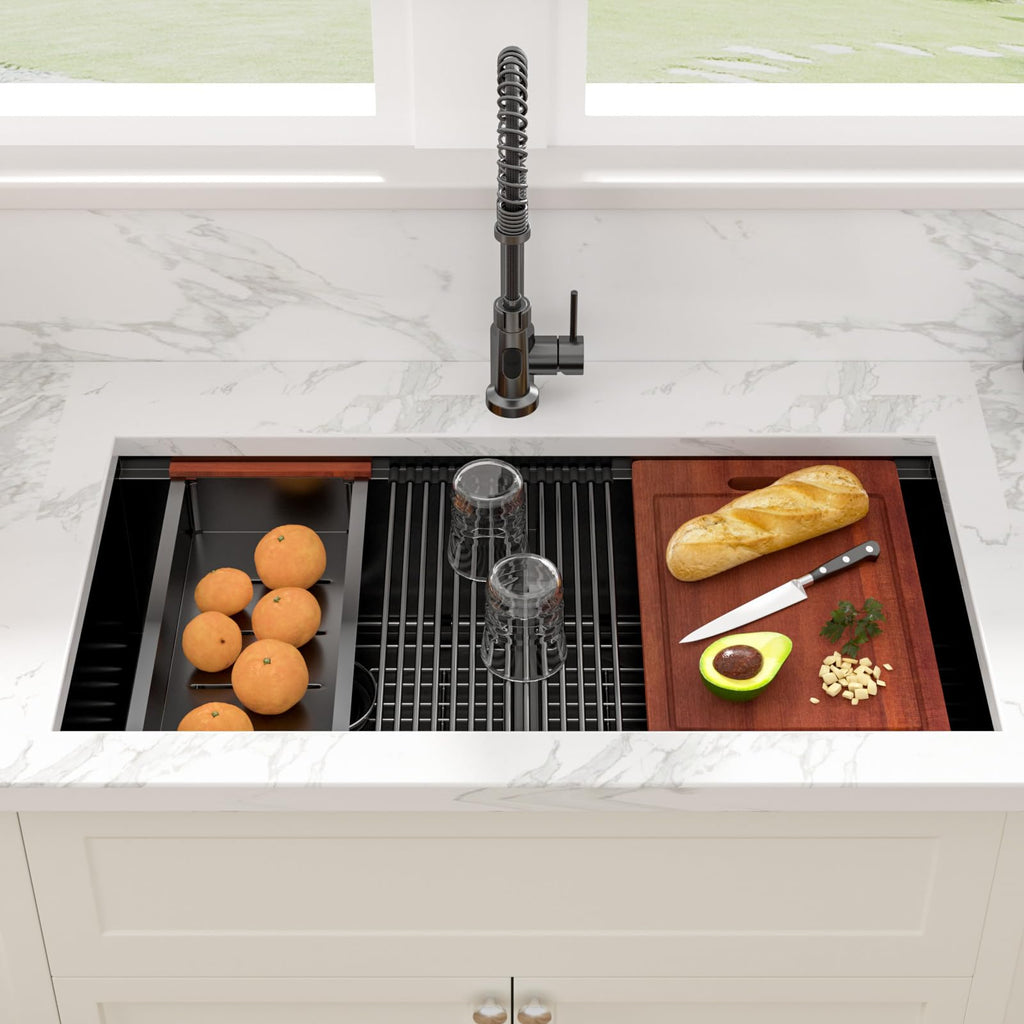 36 Inch Undermount Double Bowl Low Divided Large Workstation Gunmetal Black Sink Stainless Steel 16 Gauge 50/50 Sinks