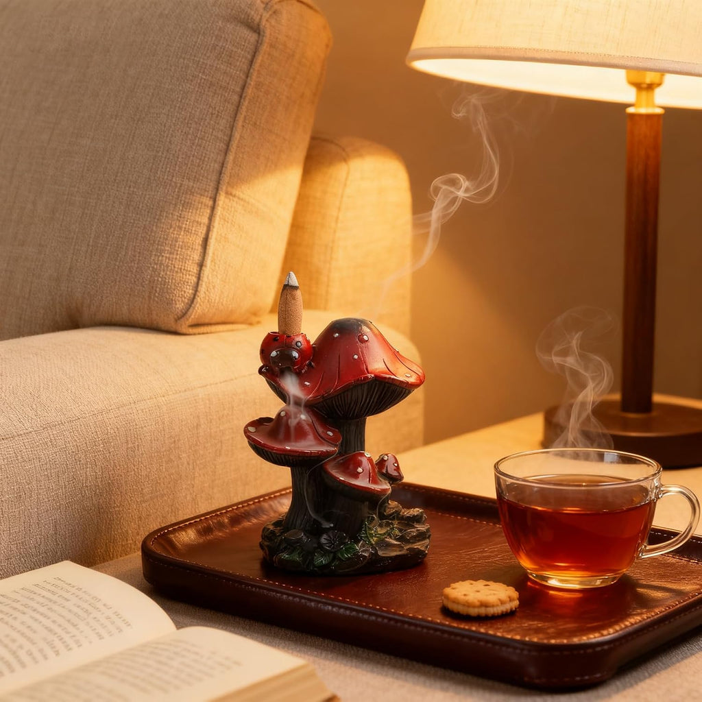 Incense Holder Waterfall Backflow Incense Burner Mushroom Decor with 20 Cones, Resin Relaxation Burner for Palo - Set of 20
