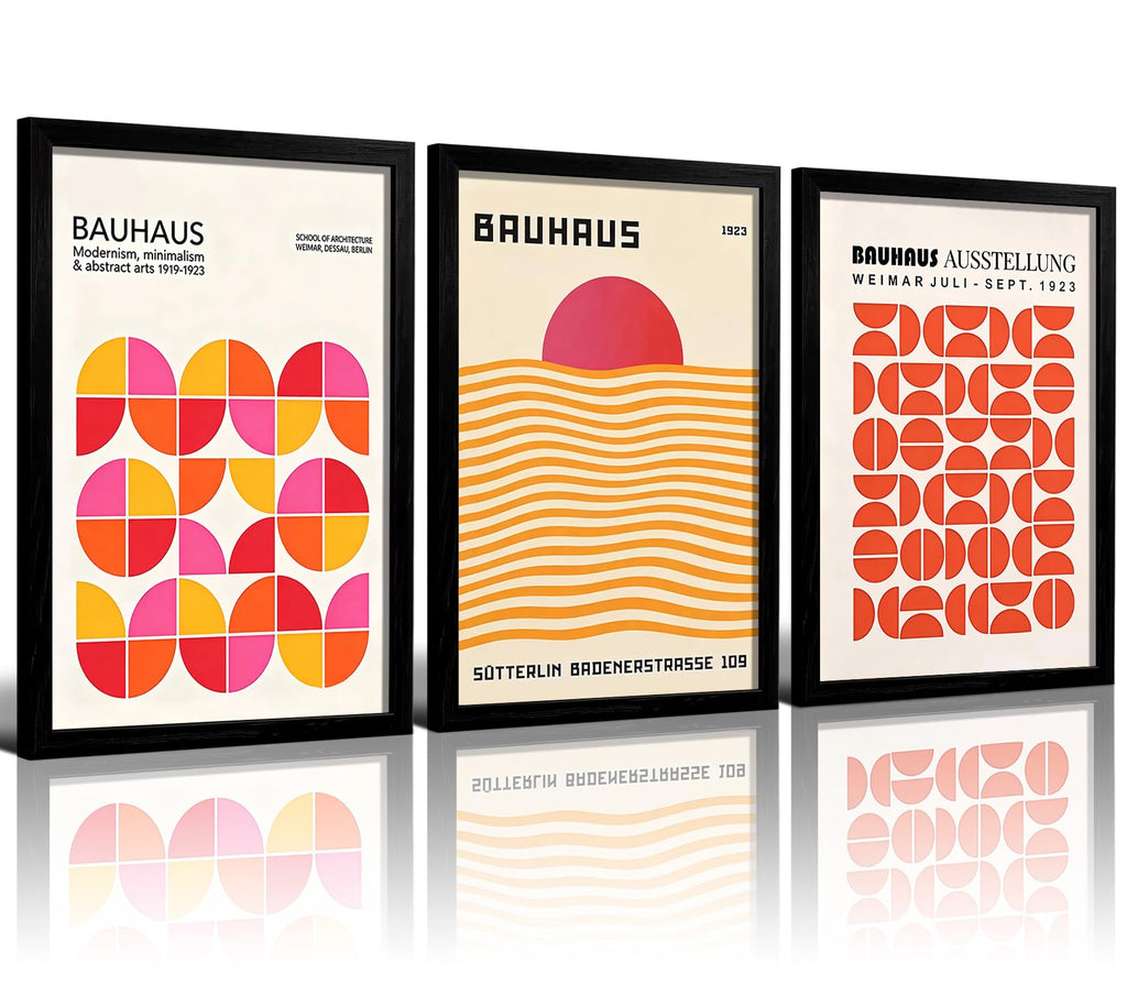 3Pcs Black Framed Bauhaus Wall Art, Sunset Wall Decor, 12x16 Inch