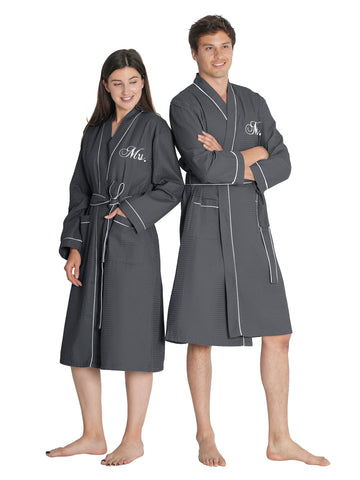 Engagement Gifts for Couples, Mr and Mrs Waffle Knit Robe, Grey