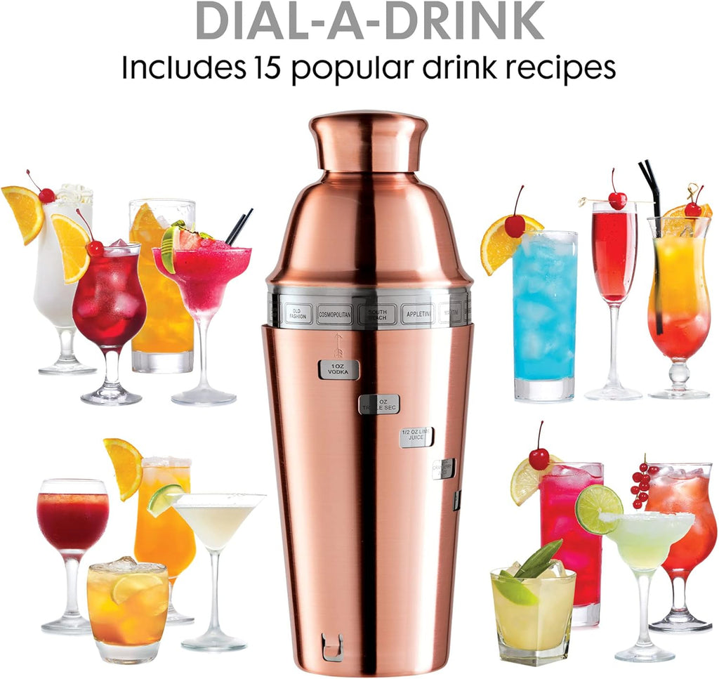 Dial A Drink Cocktail Shaker - Copper Plated, 15 Recipes, 34 oz - The Original and Only Dial A Drink - Ideal Home Bar