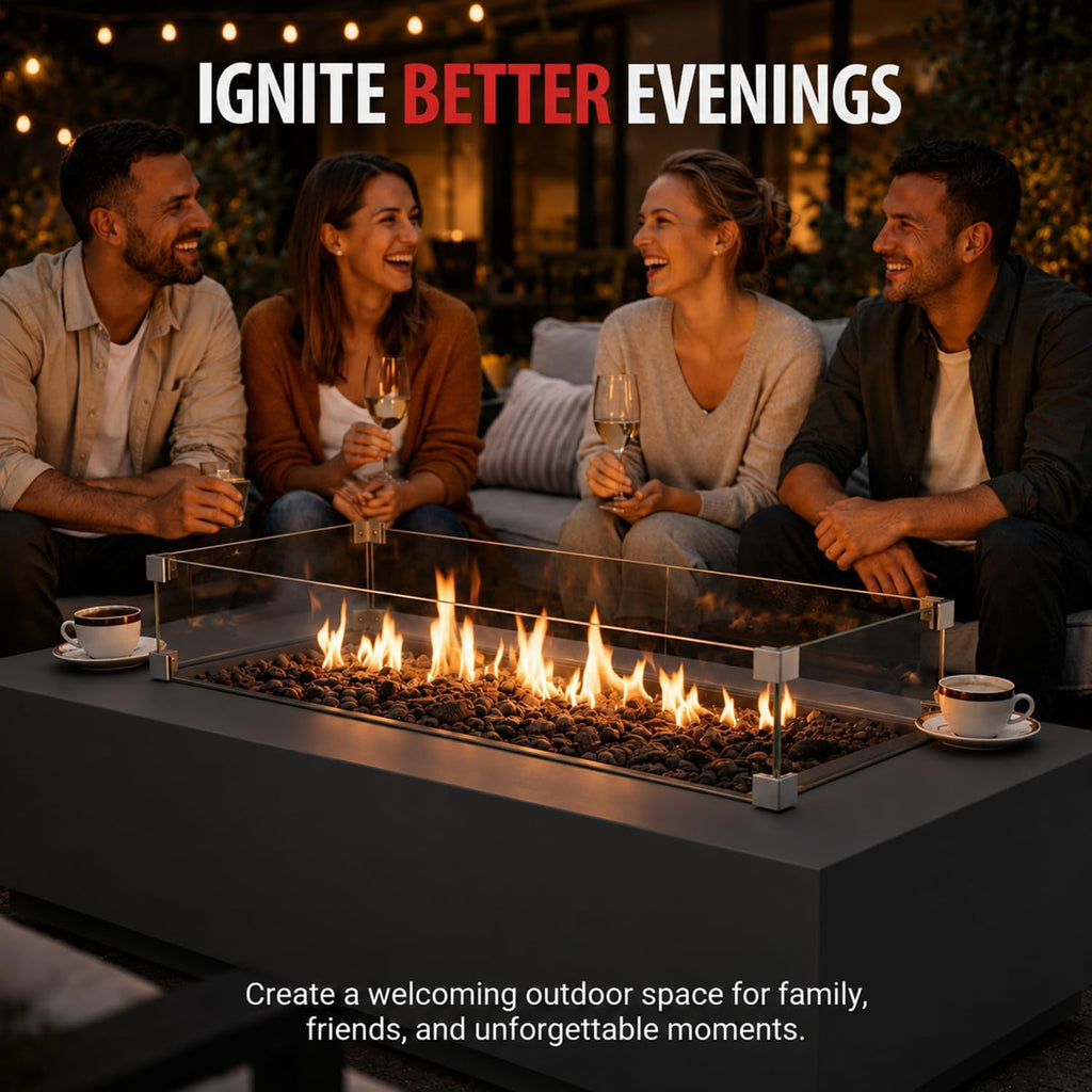 AMS 60" Rectangular Concrete GFRC Propane Gas Fire Pit Table (Dark Gray) | (Madison) Smooth Texture Fire Pit Table