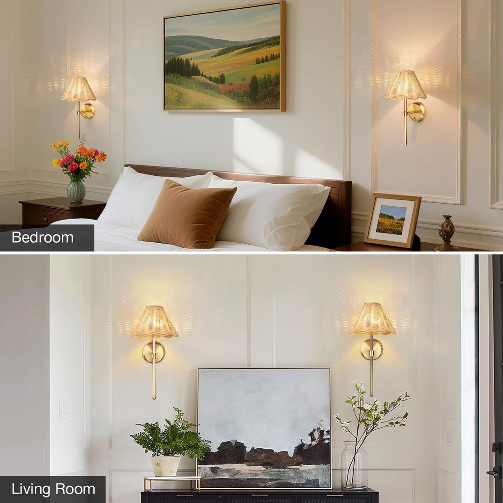 Battery Operated Boho Rattan Wall Sconce Set of 2, Stepless Dimming Magnetic Wall Lamp, 5200mAh Rechargeable Battery