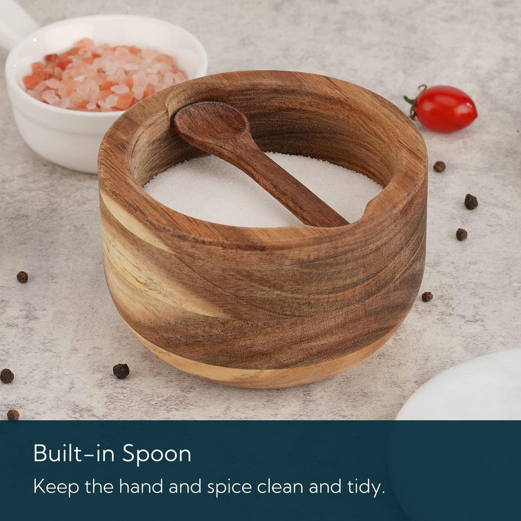 Large Acacia Salt Cellar Box Bowl with Built-in Spoon and Marble Lid, Solid Natural Acacia Wood Bath Sea Salt