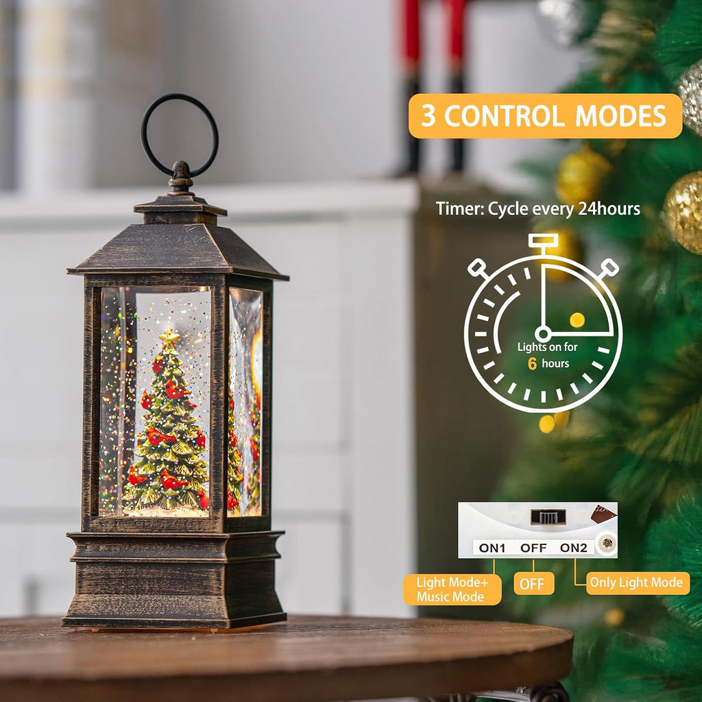 Christmas Snow Globe Lantern Water Glittering Christmas Tree with Music, USB Lined/Battery Operated Lighted Lantern