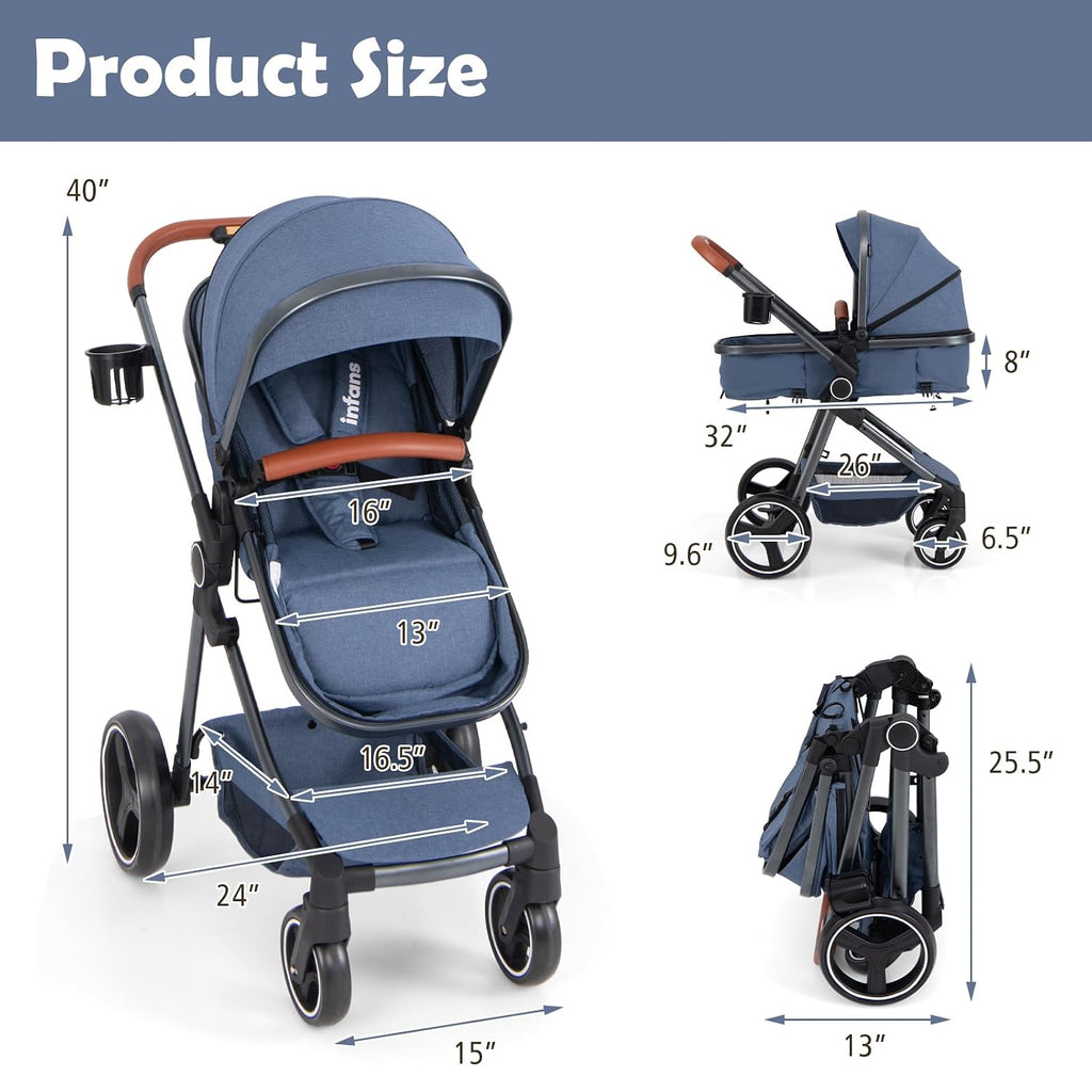 2 in 1 Baby Stroller, Foldable High Landscape Shock Absorption with Reversible Seat, Newborn Convertible Stroller
