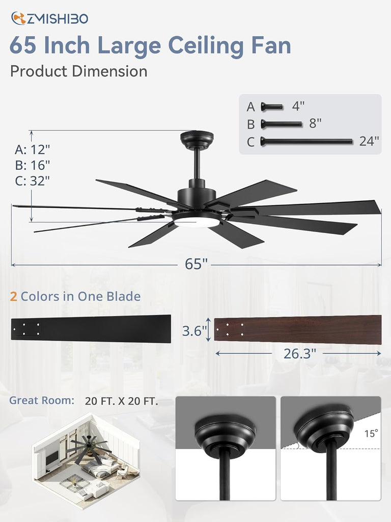 65" Black Ceiling Fan with Dimmable 3000-6000K Light and Remote