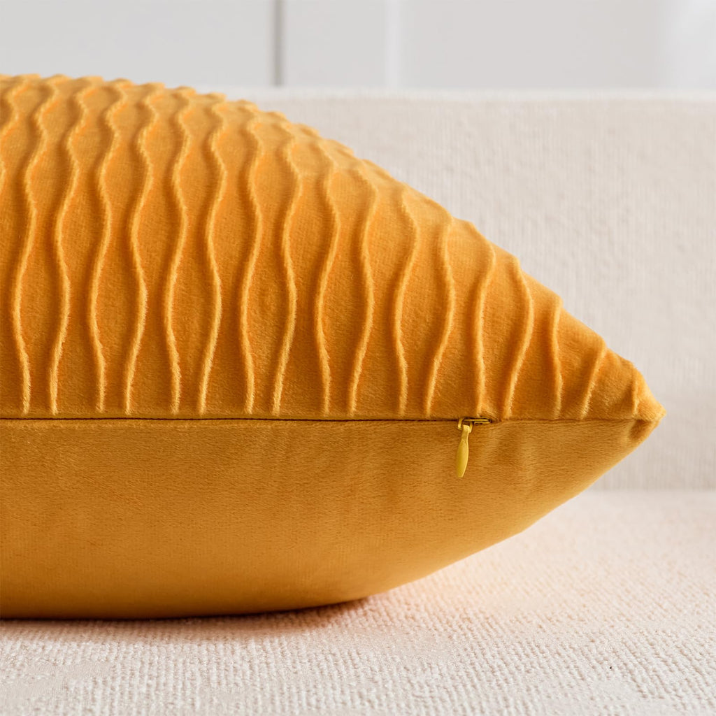 Fall Golden Yellow Couch Pillow Covers: Pack of 2 16x16 Inch Vertical Ripple Striped Velvet Square Throw Pillow Cases