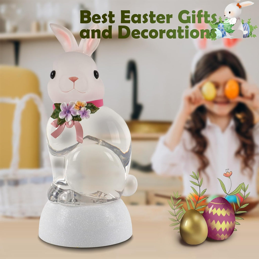 Spring Rabbit Snow Globe Lantern, Rabbit Snowglobe Decor with Swirling Glitter, 6H Timer, USB or Battery Powered